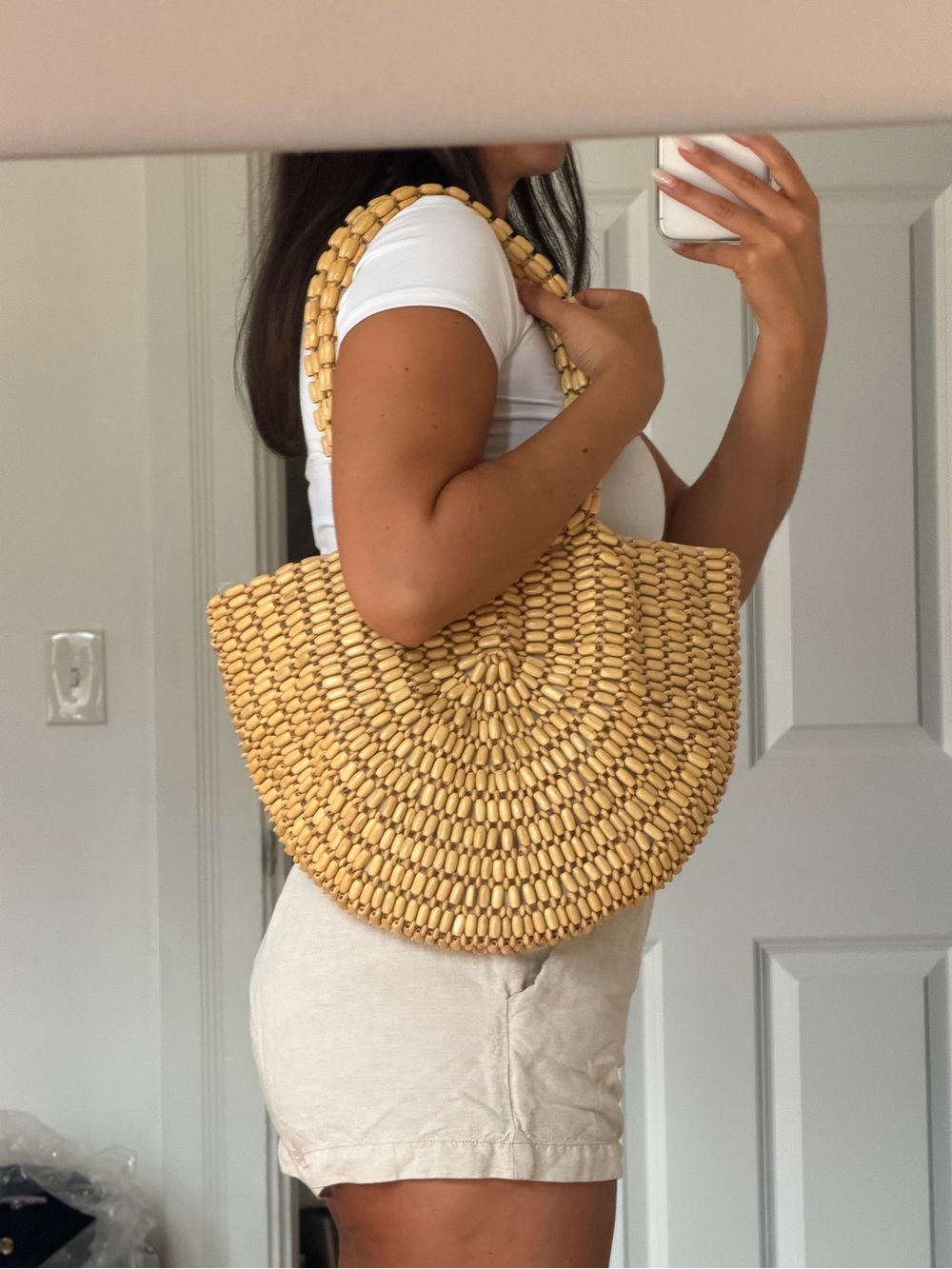 Beige Woven Semi-Circle Wood Tote Bag - Women - Picture 5 of 5